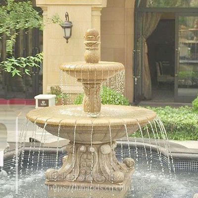 厂家直销黄锈石石雕喷泉流水水钵石材盆，叠跌水盆直径2.5-2.8米，打造精美假山水景